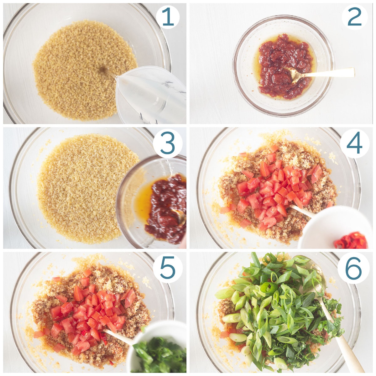 zes stappen in foto op een witte ondergrond die laten zien hoe je kisir salade maakt