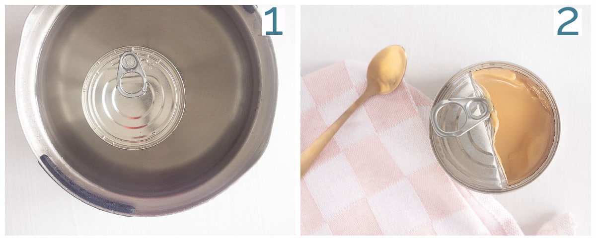 twee foto's van het proces van het bereiden van dulce de leche in een pan