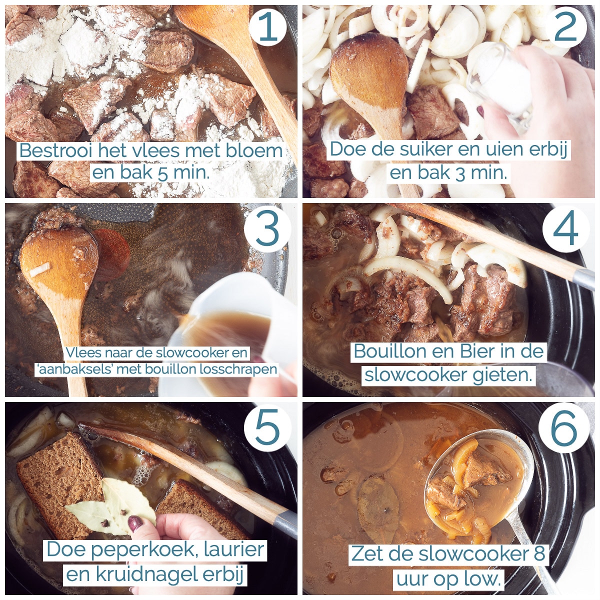 In 6 foto's de bereiding van heerlijke hachee uit de slowcooker
