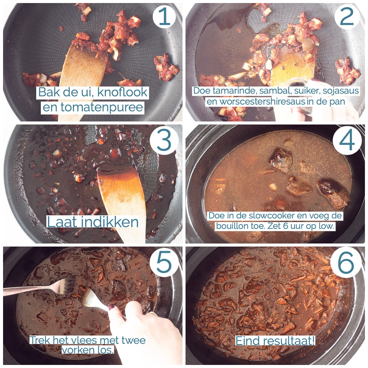 In 6 foto's de stappen om slowcooker pulled beef te maken