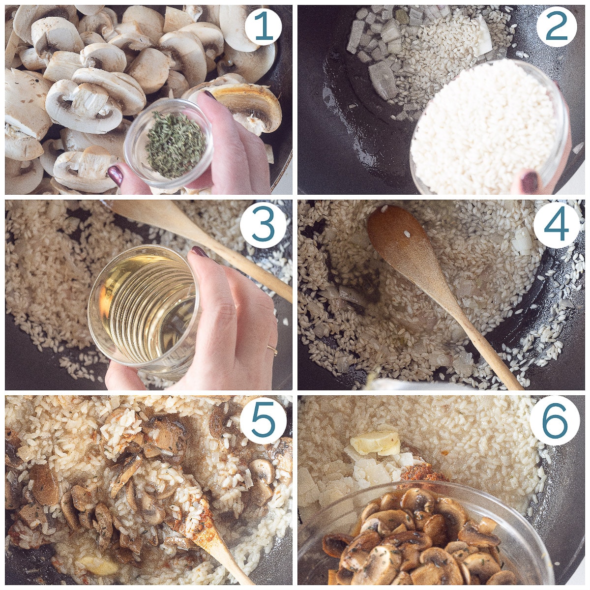 In zes foto's de bereiding van Risotto met champignons