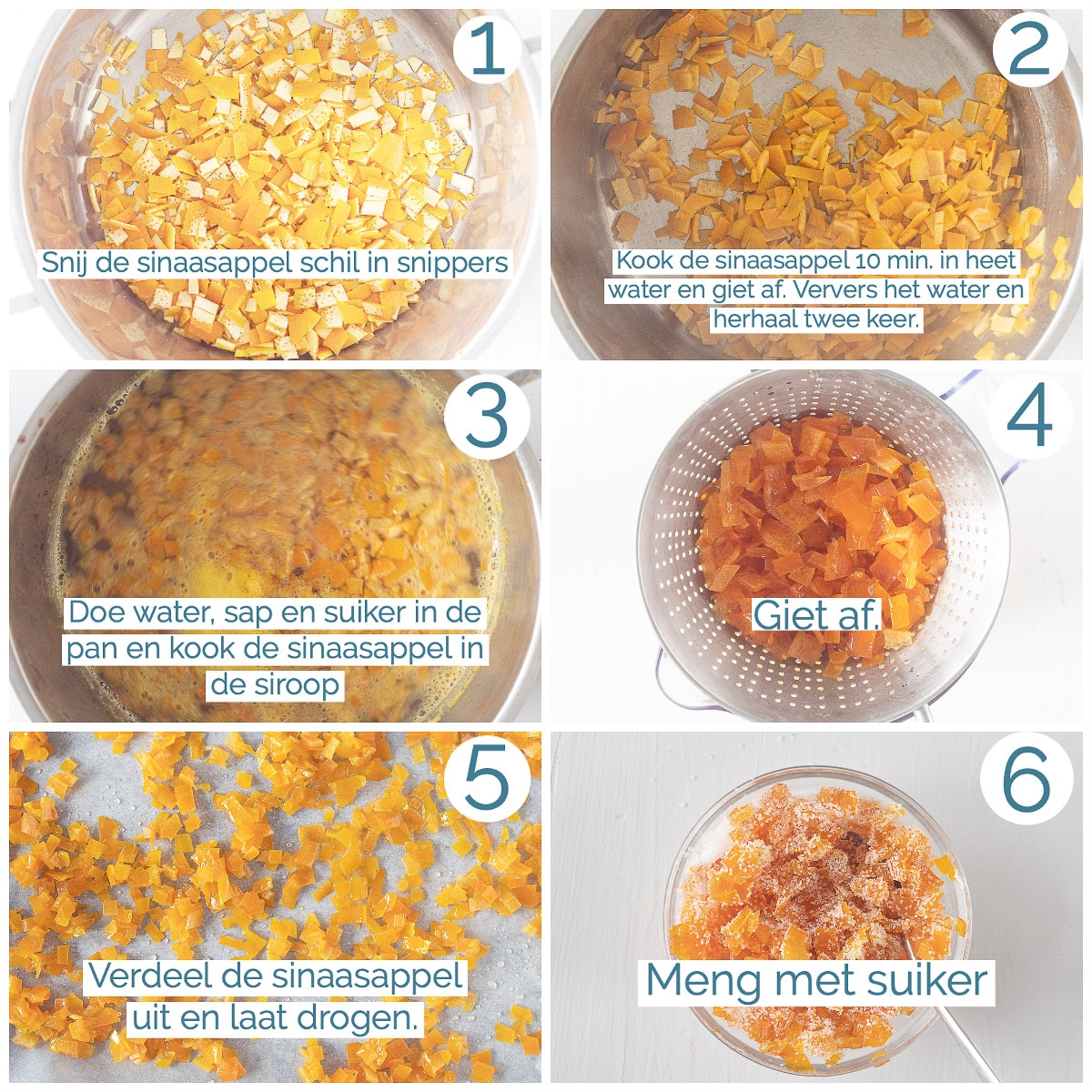 In zes foto's de bereiding van gekonfijte sinaasappelschil
