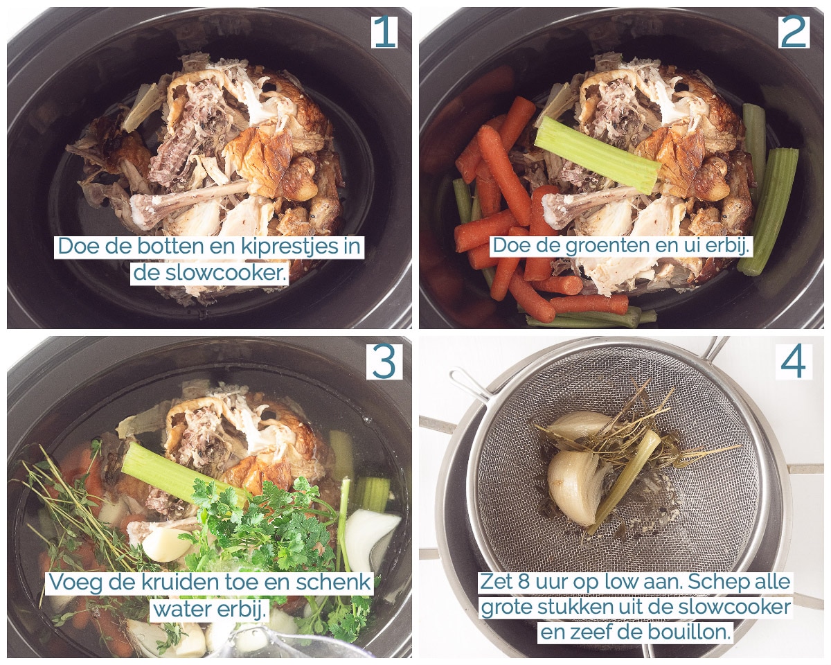 In 4 stappen foto's hoe je kippenbouillon in de slowcooker maakt