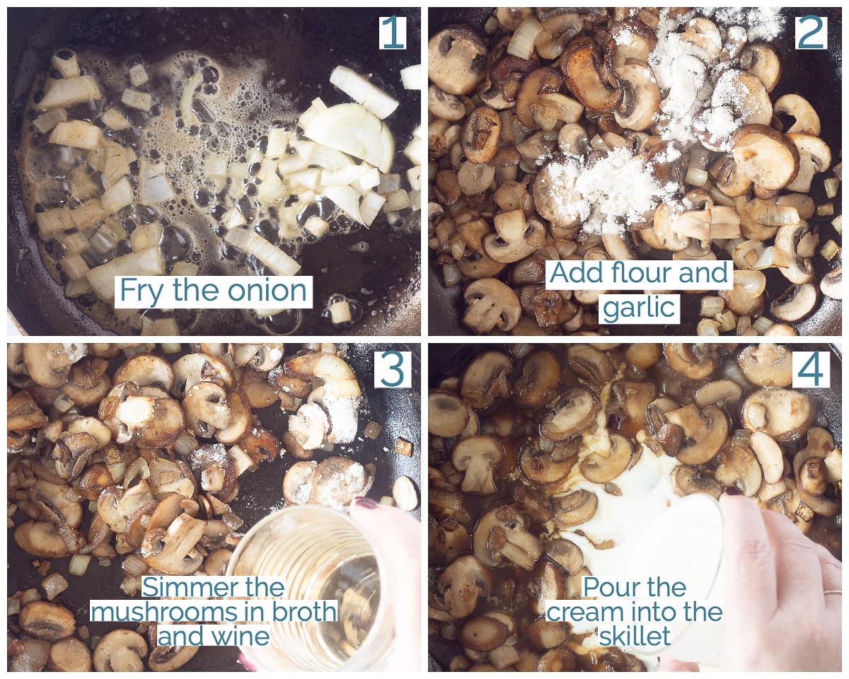 Preparation in four steps mushroom sauce with cream and white wine