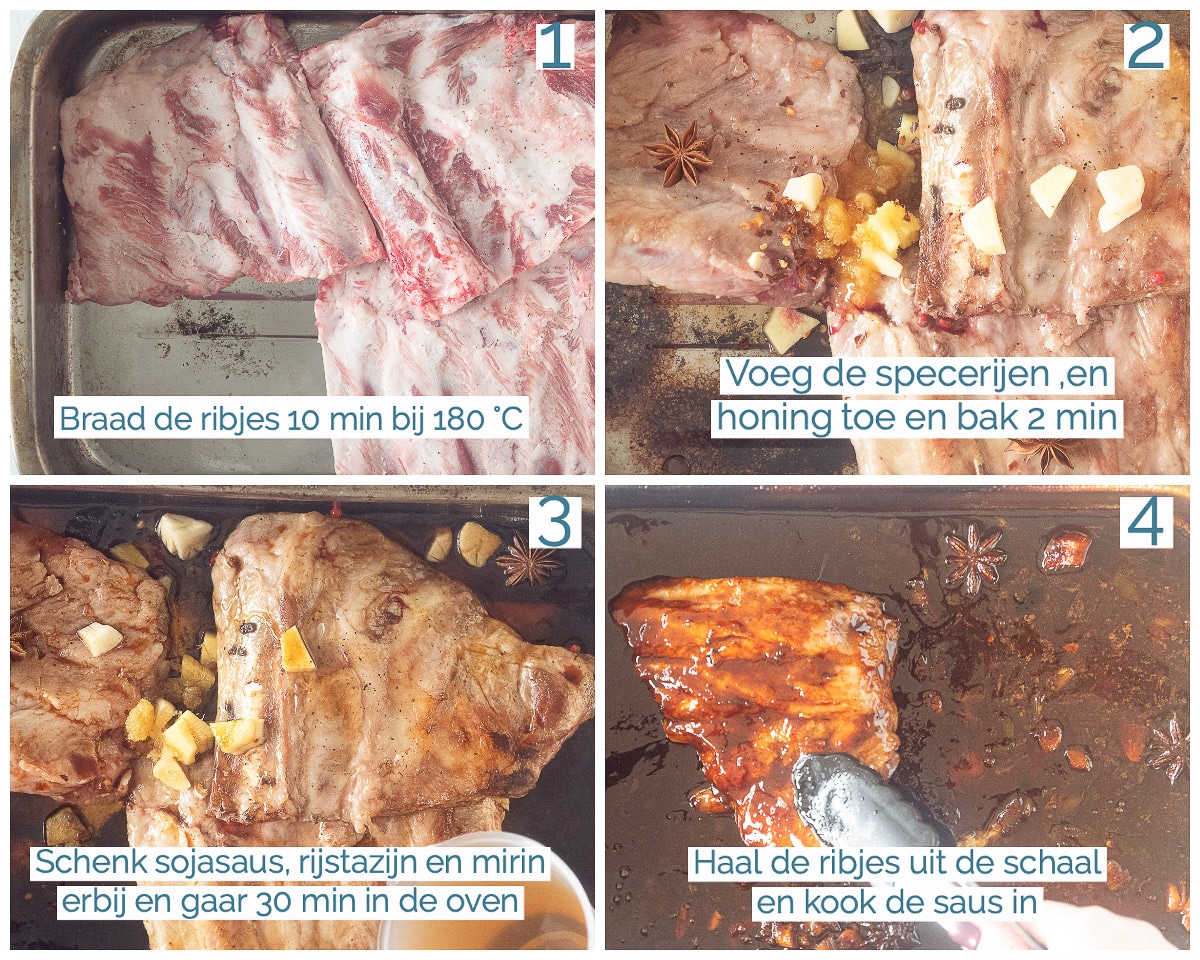 4 foto's die laten zien hoe je sticky ribs uit de oven maakt