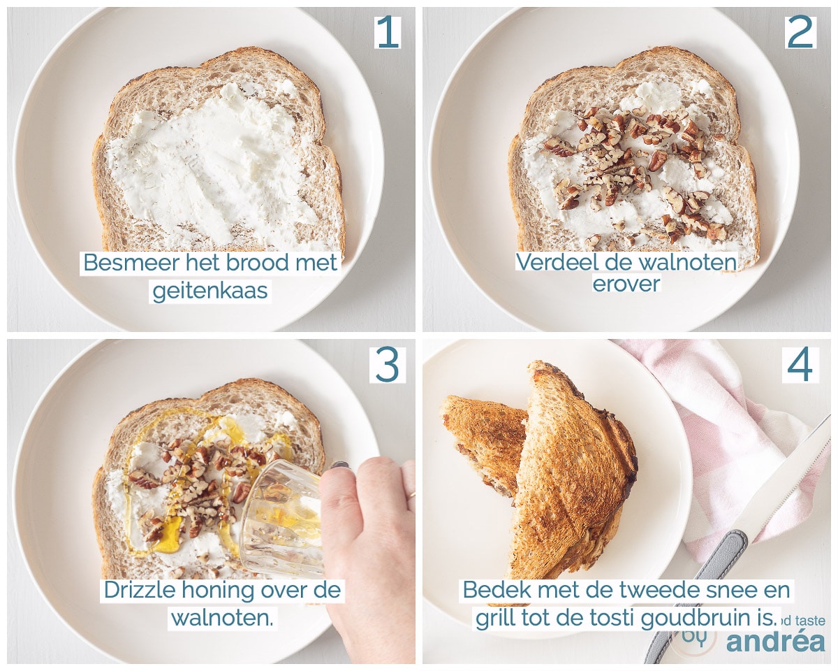 Een fotocollage bestaande uit vier foto's die laten zien hoe je een geitenkaas tosti met honing en walnoten maakt