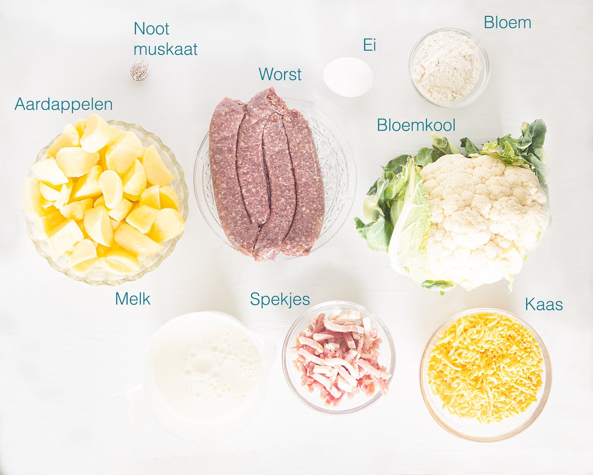 Ingredienten Bloemkool ovenschotel met worst en spekjes