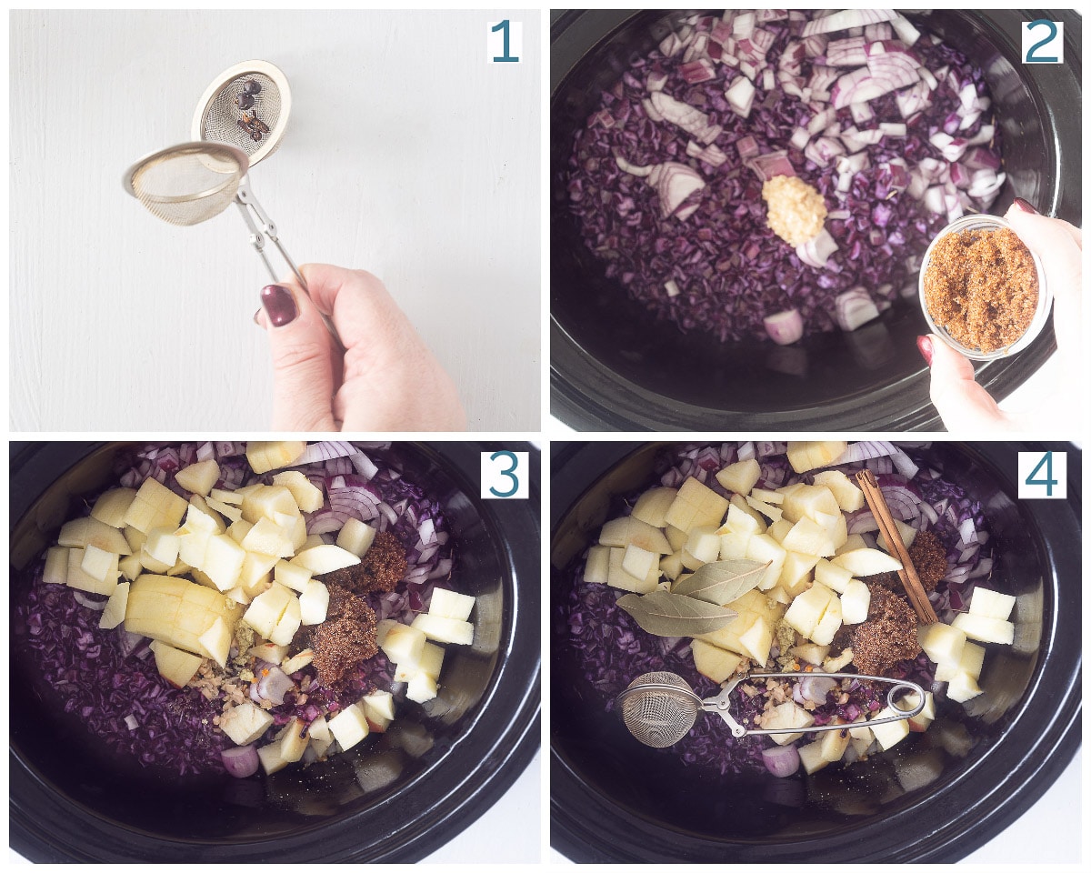 vier foto's die laten zien hoe rode kool in de slowcooker wordt gemaakt