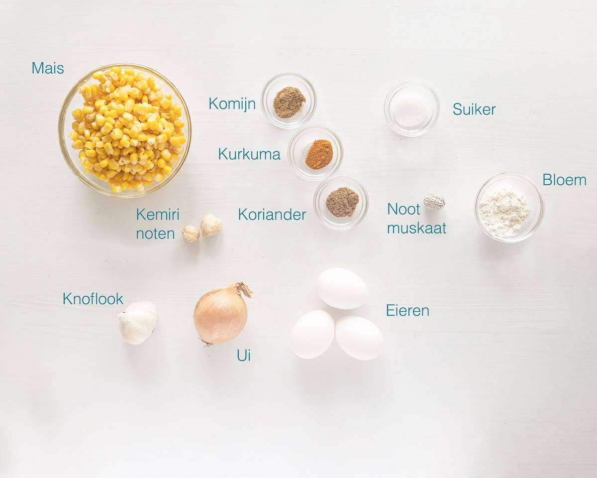 Ingrediënten voor het maken van Frikadel Djagoeng op een witte ondergrond met tekst