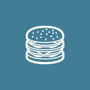 Een tekening van een meerlaagse hamburger op een blauwe ondergrond