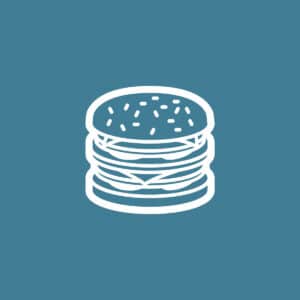 Een tekening van een meerlaagse hamburger op een blauwe ondergrond