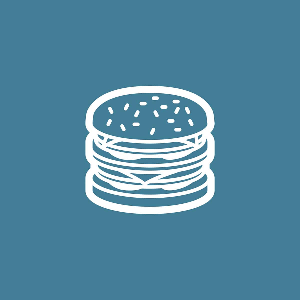 Een tekening van een meerlaagse hamburger op een blauwe ondergrond