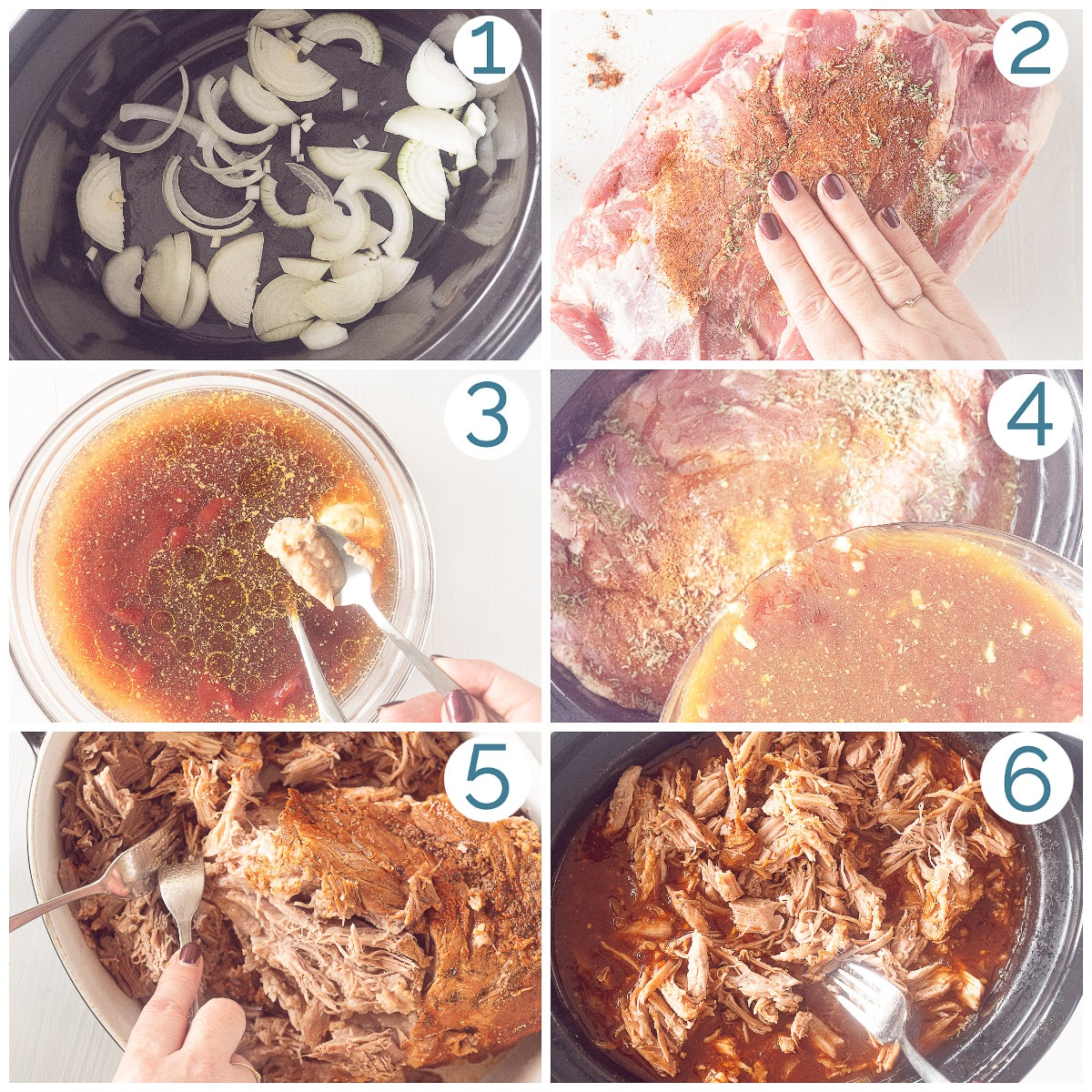 6 foto's die de bereiding van Pulled Pork uit de Slowcooker laten zien