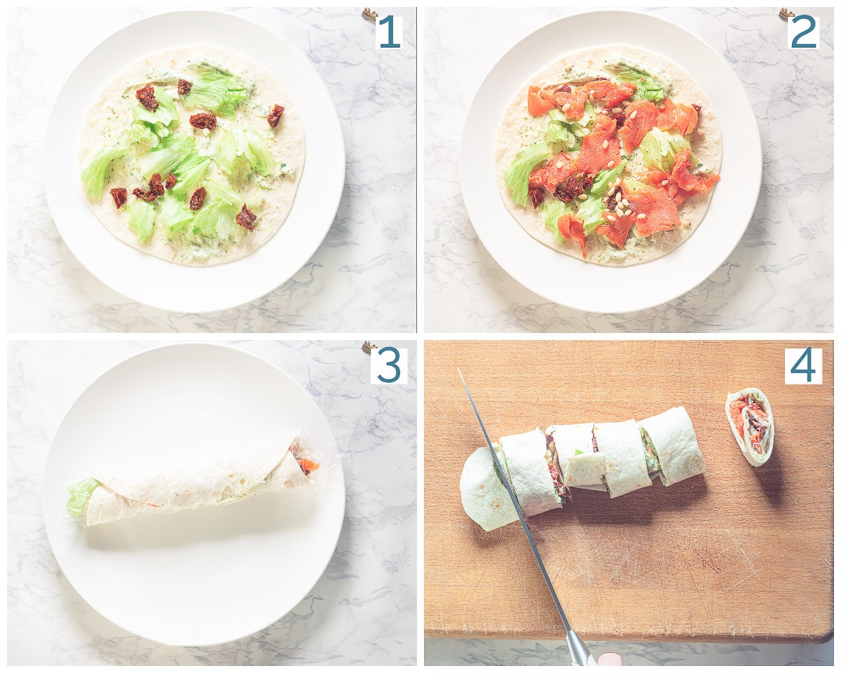 Bereiding in 4 stappen Wraps met zalm en heksenkaas (aperitiefhapje)