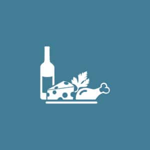 Een tekening van een fles wijn, kaas en kip op een blauwe ondergrond