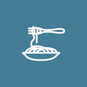 Een tekening van een bord gevuld met spaghetti. Een vork met spaghetti hangt erboven op een blauwe ondergrond