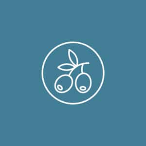 Een tekening van olijven in een cirkel op een blauwe ondergrond