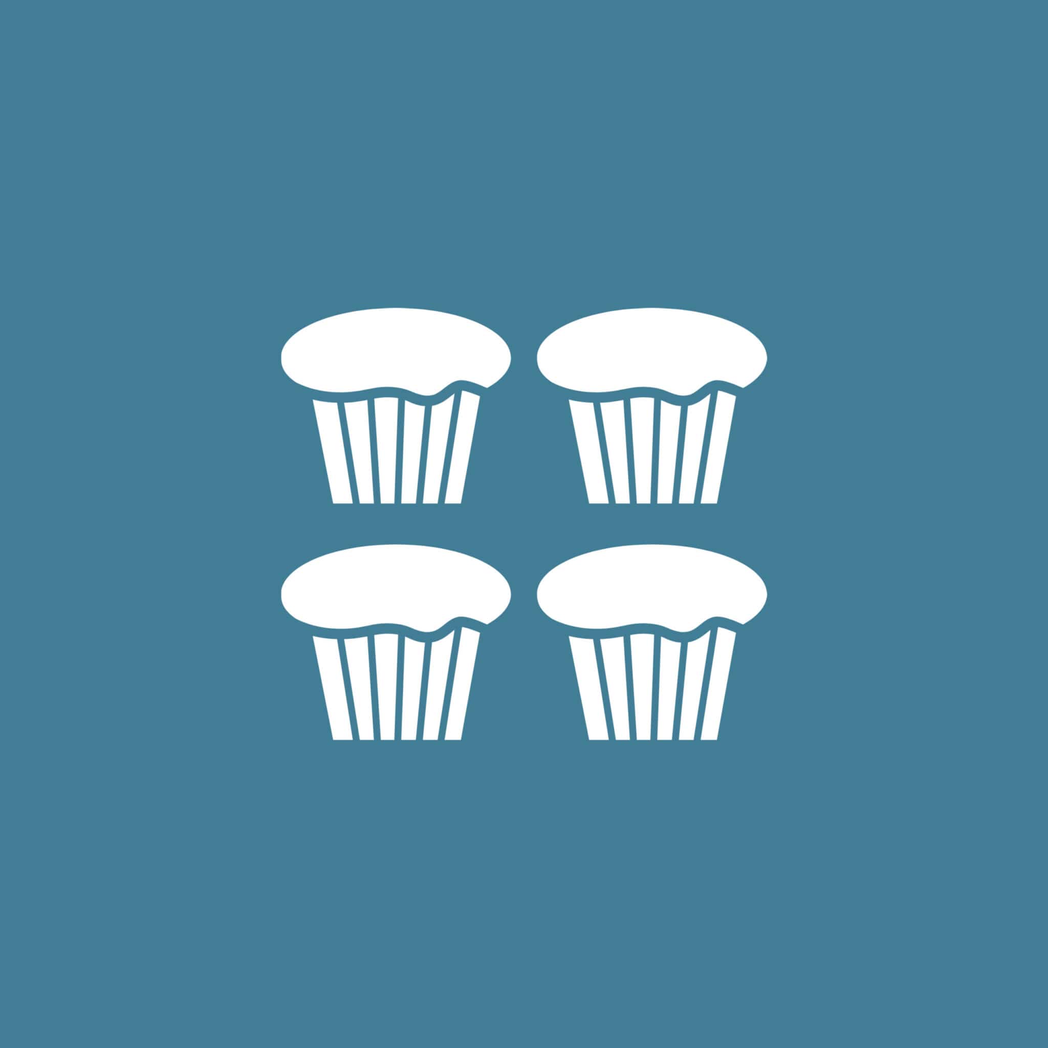 Een tekening van 4 muffins in een vierkant op een blauwe achtergrond