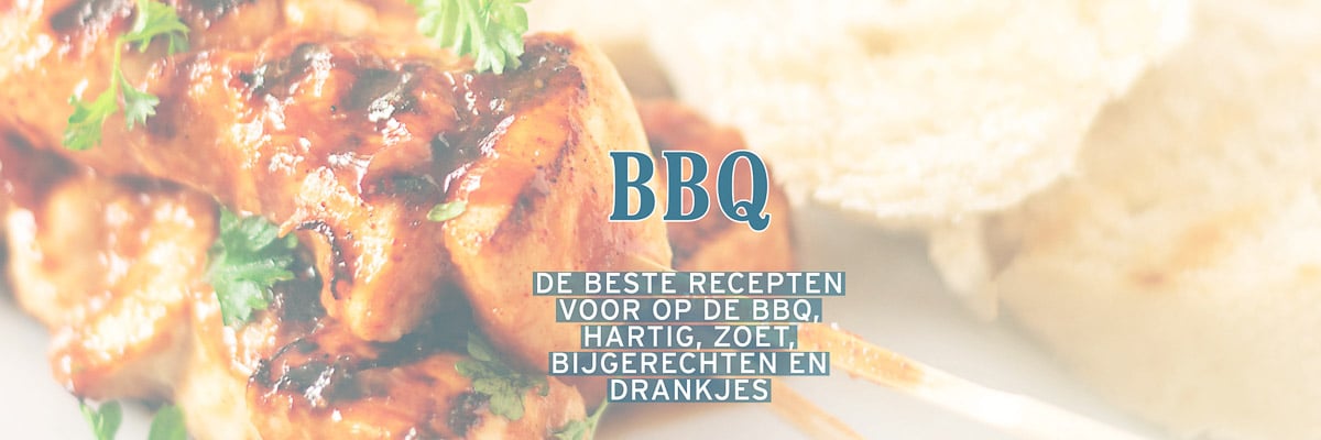 Een foto van spiesjes met geroosterd brood. Een text overlay met BBQ en een beschrijving van de pagina