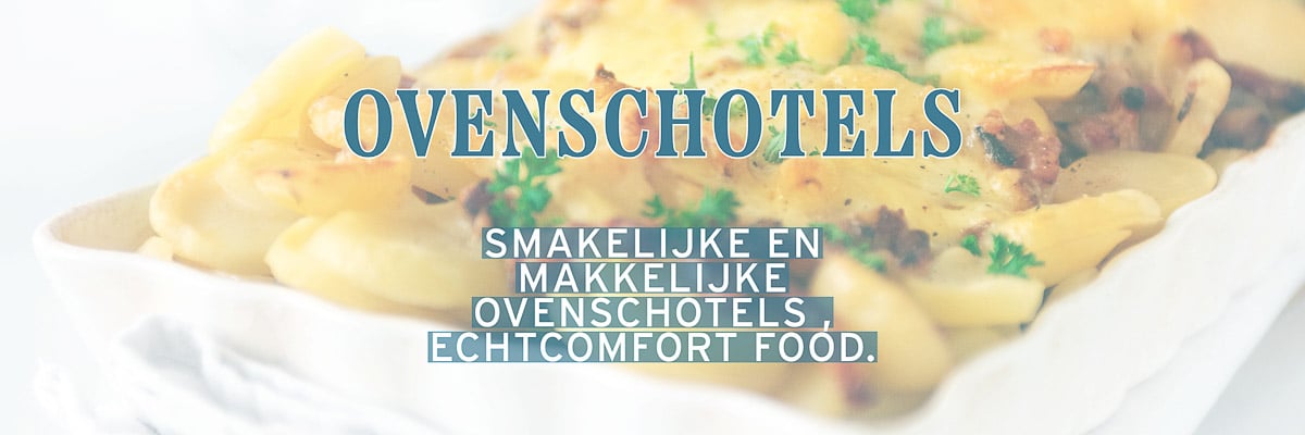 Een deel van een ovenschotel met tekst Ovenschotel smakelijke en makkelijk ovenschotels, echt comfort food