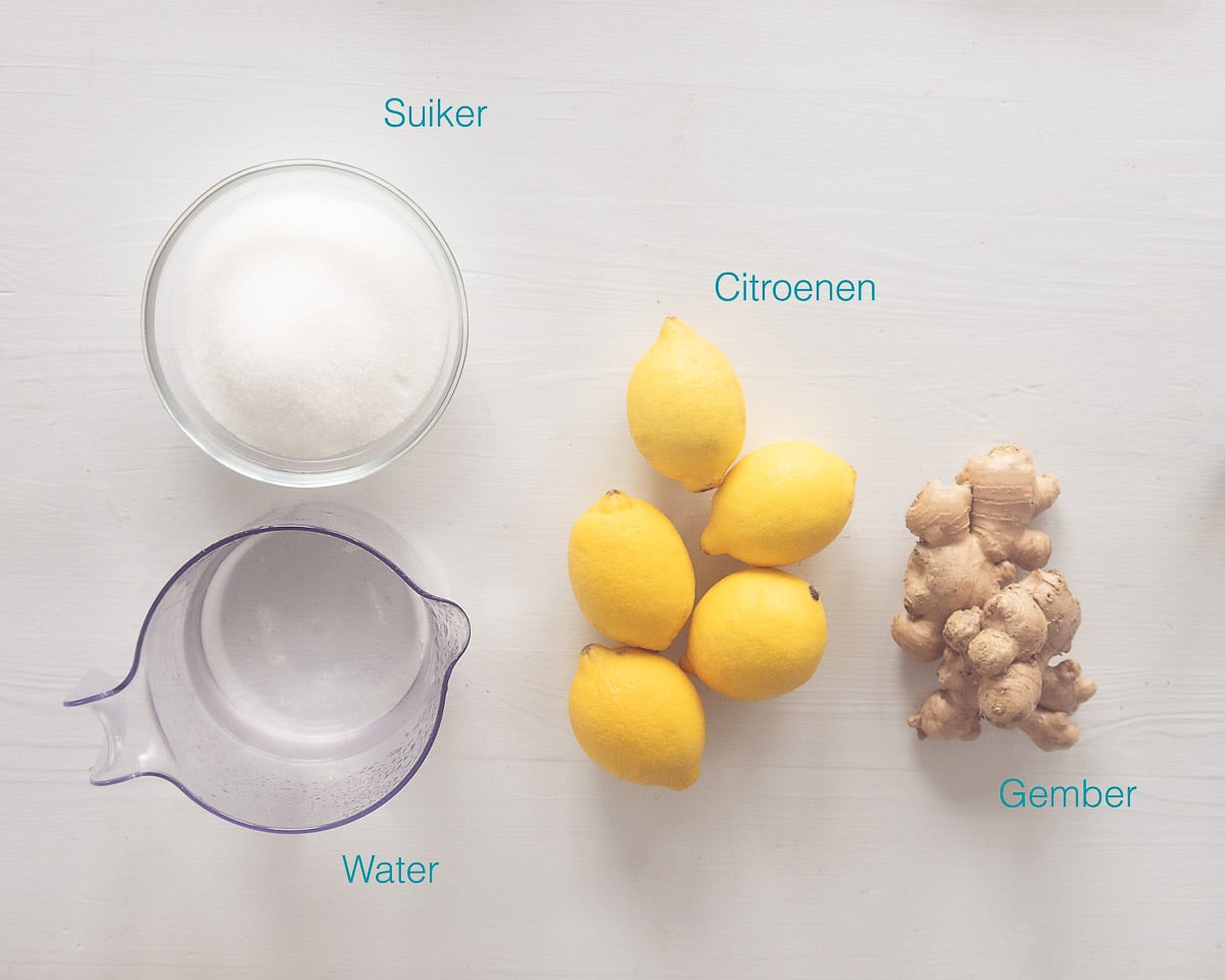 Ingrediënten Citroen-gember Limonade op een witte ondergrond met tekstbeschrijving