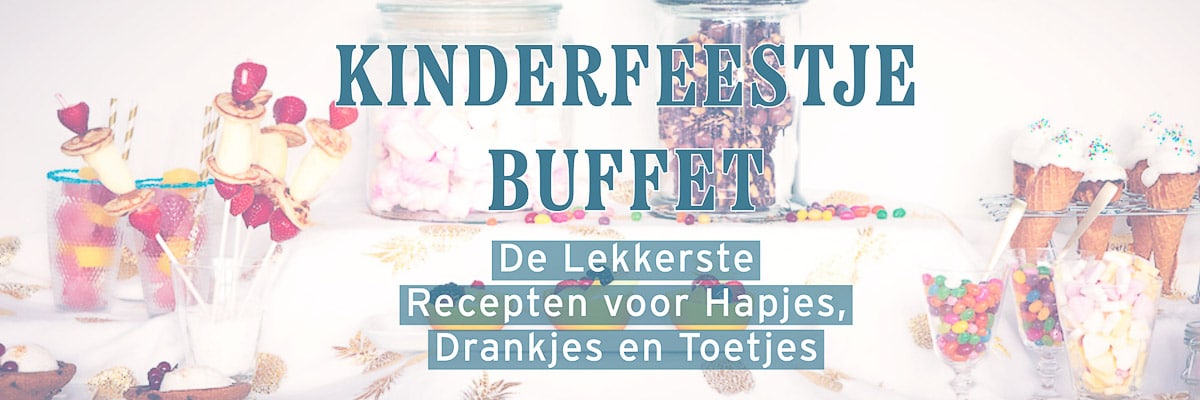 Achtergrond een sweet table voor een kinderfeestje met een tekst beschrijving