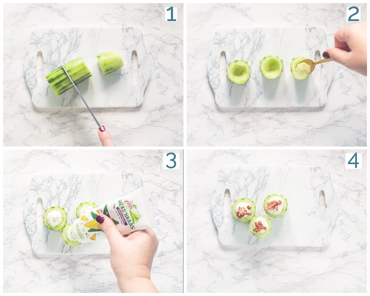 4 step preparation cucumber appetizers with leek dip and bacon
