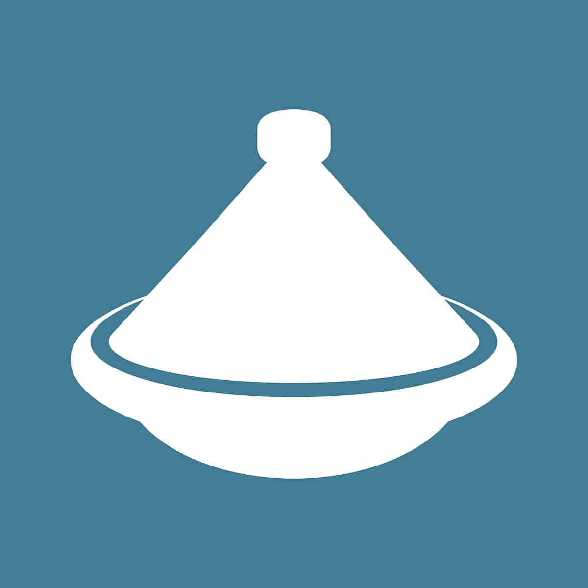 Een witte tekening van een tajine op een blauwe achtergrond