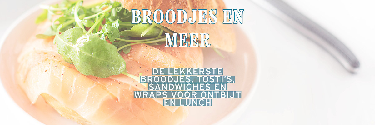 Een bleegd broodje met gerookte zalm en sla. Een tekstoverlay broodjes en meer, de lekkerste broodjes, tosti's, sandwiches en wraps voor ontbijt en lunch