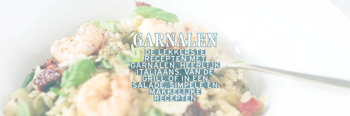 Een foto van Orzo met garnalen. Een tekstoverlay garnalen: de lekkerste recepten met garnalen. Heerlijk Italiaans, van de grill of in een salade. Simpele en makkelijke recepten