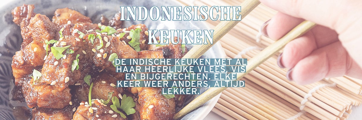 Een schaal met babi ketjap. Een tekstoverlay indonesische keuken. De Indische keuken met al haar heerlijke vlees, vis en bijgerechten. Elke keer weer anders, altijd lekker