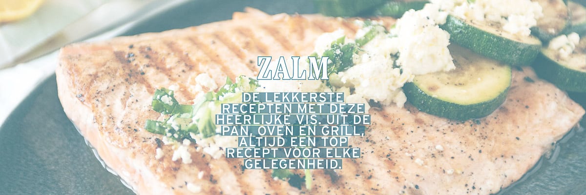 Een breedte foto van gegrilde zalm met courgette. Een tekst overlay zalm de lekkerste recepten met deze heerlijke vis uit d epan, oven en grill. Altijd een toprecept voor elke gelegenheid