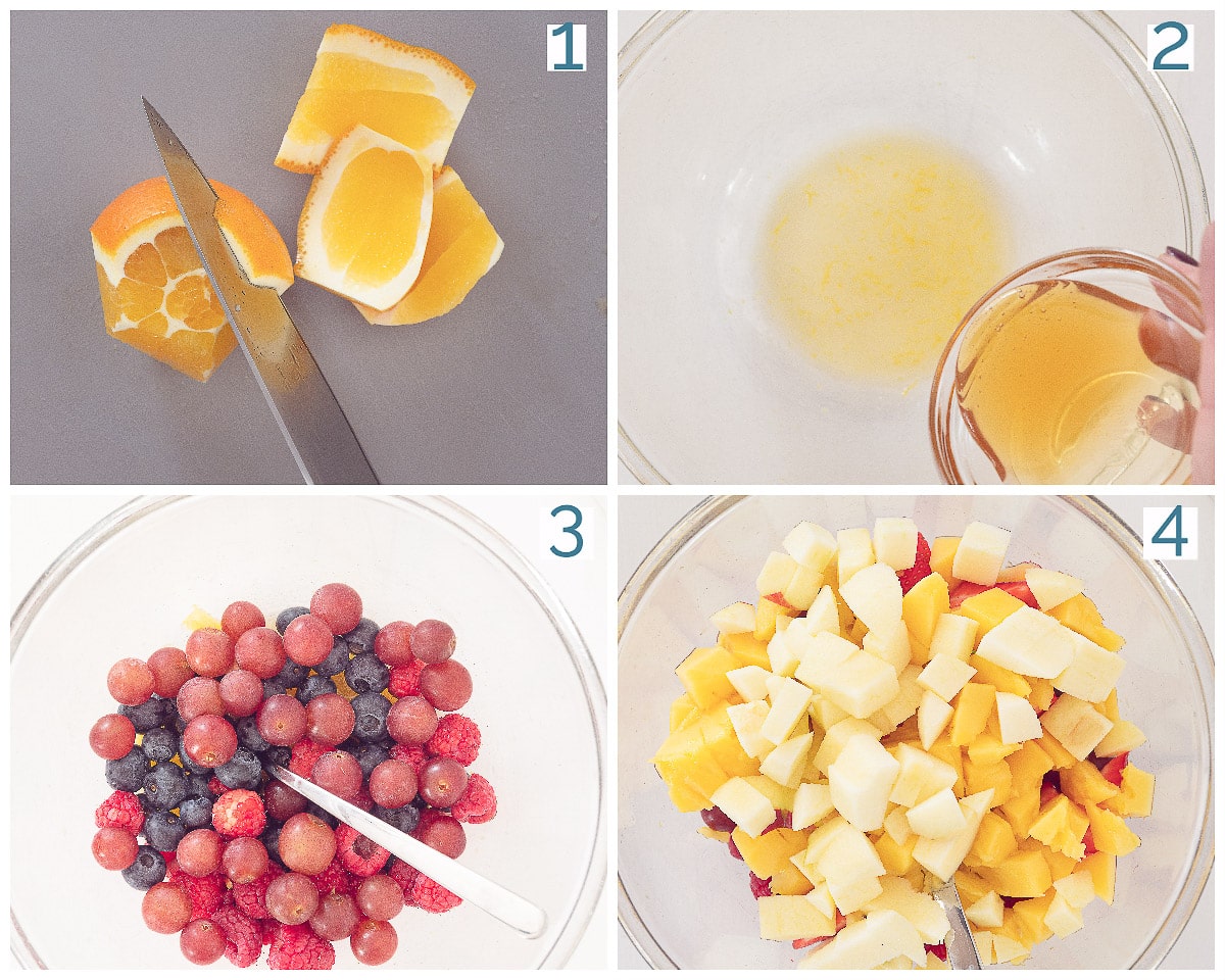 4 foto's bereiding collage Fruitsalade voor bij de BBQ