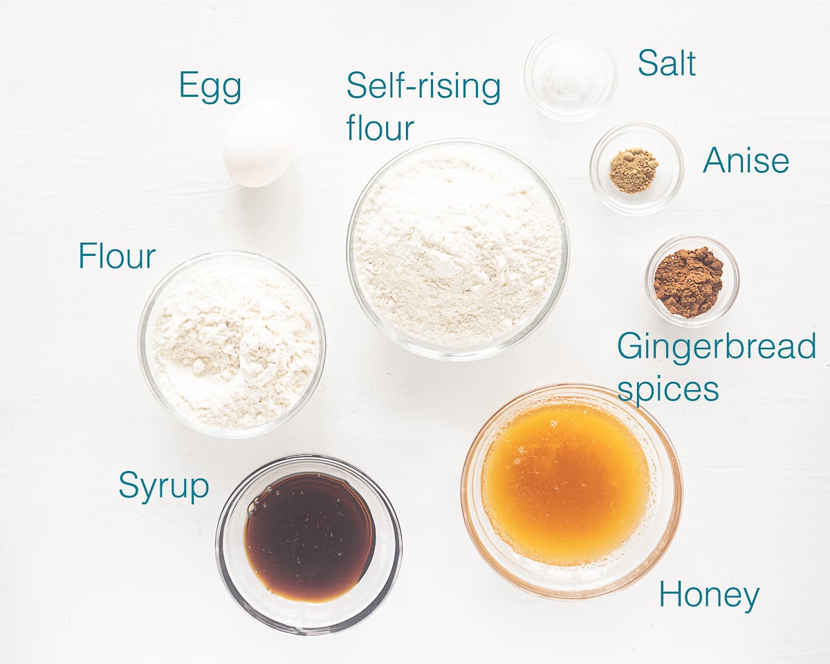 Ingredients Real Dutch Pepernoten individually labelled on a white background