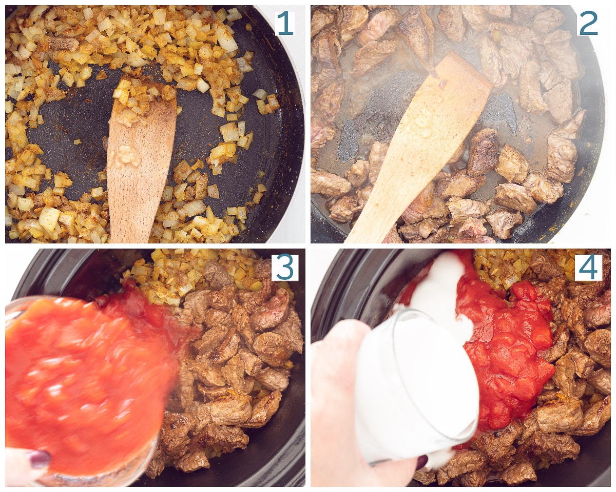 4 foto's bereiding collage Bombay Curry Uit de Slowcooker