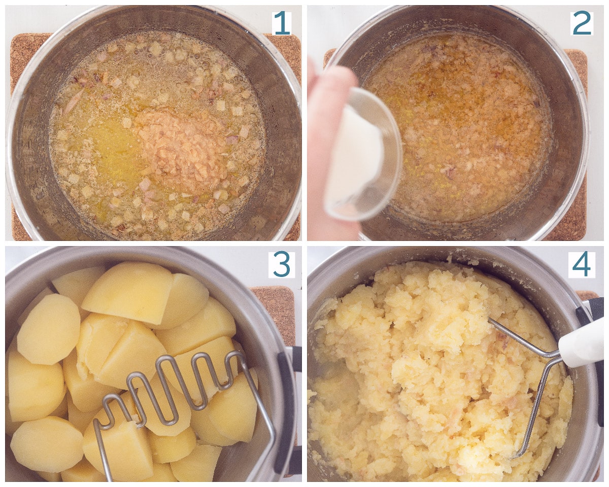 4 stappen collage bereiding Aardappelpuree met Knoflook