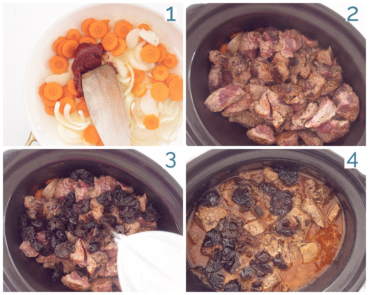 4 stappen collage bereiding Slowcooker Stoofvlees met Pruimen