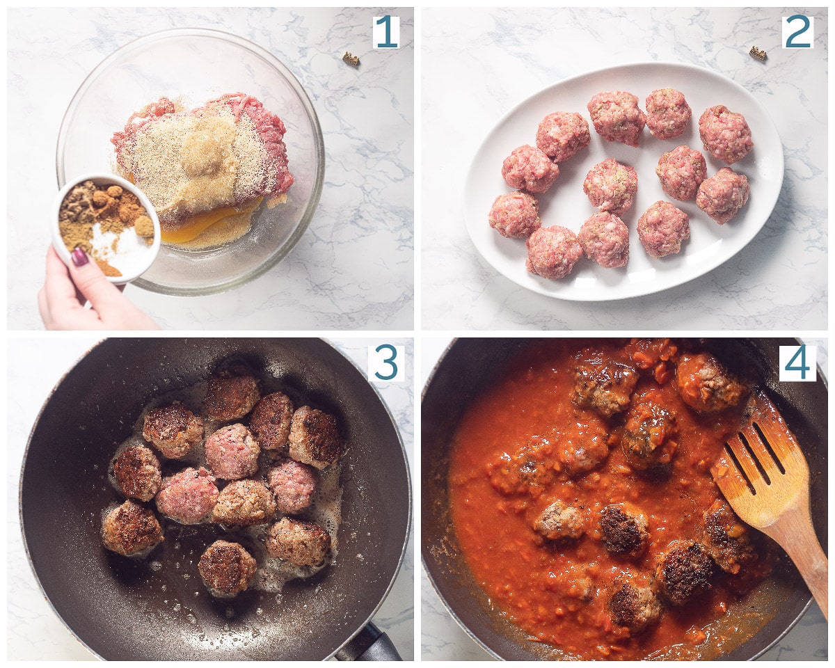 4 stappen collage Albondigas - Spaanse Tapas Gehaktballetjes in een Tomatensaus