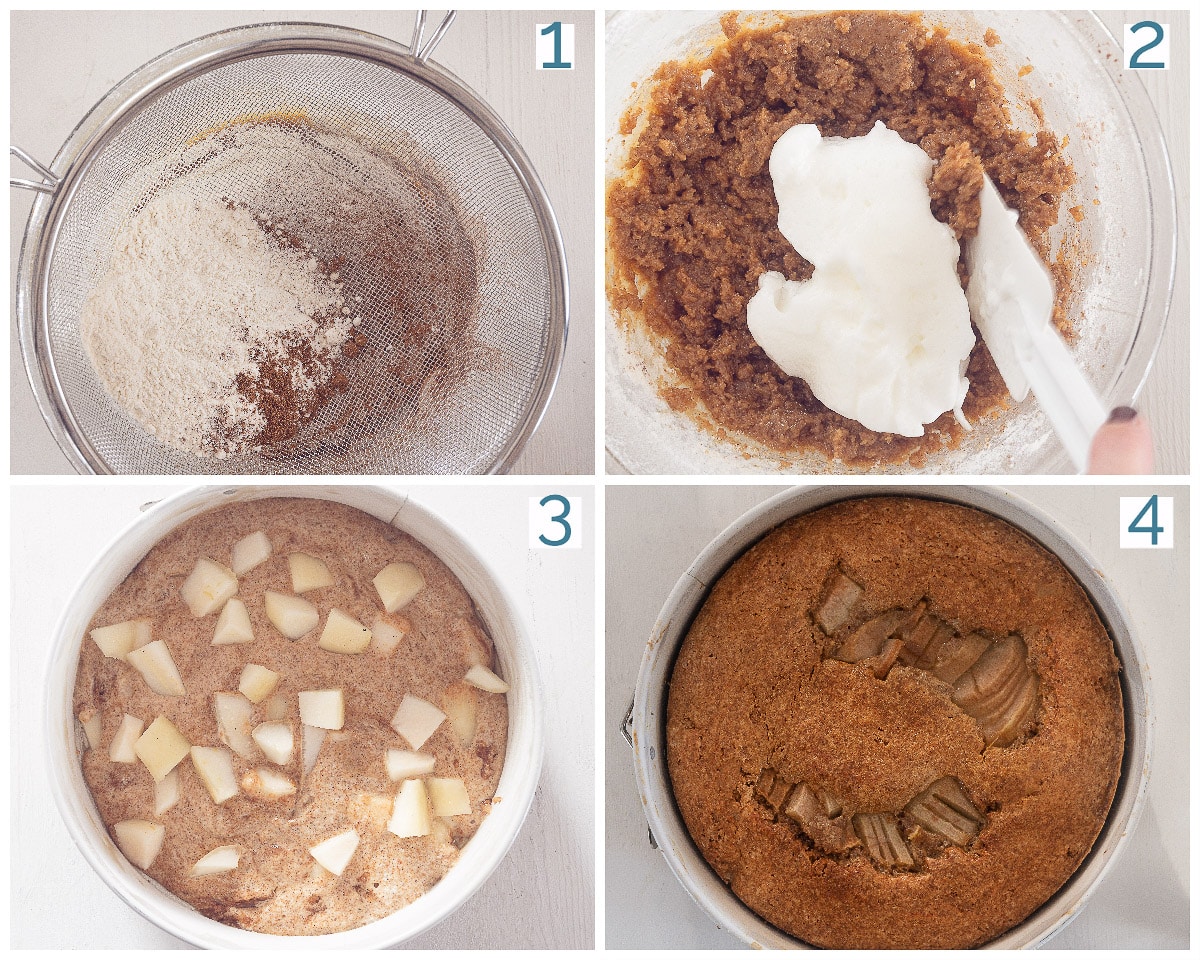 4 stappen collage Kruidige Perencake met Olijfolie