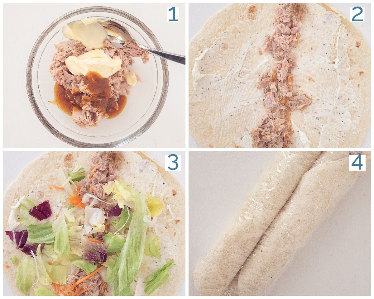 4 stappen collage Tonijnsalade Wrap Hapjes