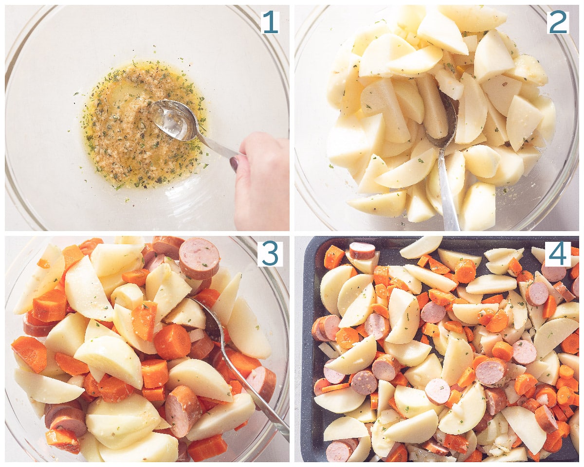 4 stappen collage Traybake van Aardappel met Rookworst en Wortel