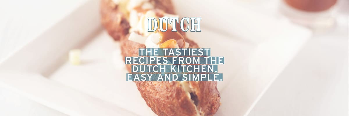 Part of a frikandel speciaal on a white plate. A text overlay Dutch, the tastiest recipes from the Dutch kitchen, easy and simple