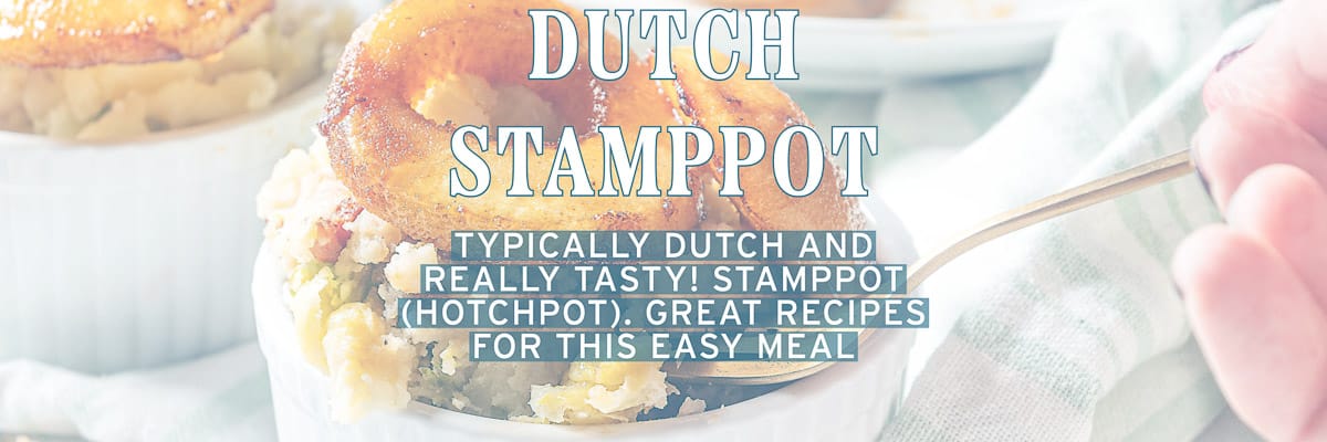 Part of two white bowls filled with brussels sprouts stamppot. A text overlay dutch stamppot, typically dutch and really tasty! Stamppot (hotchpot). Great recipes for this easy meal