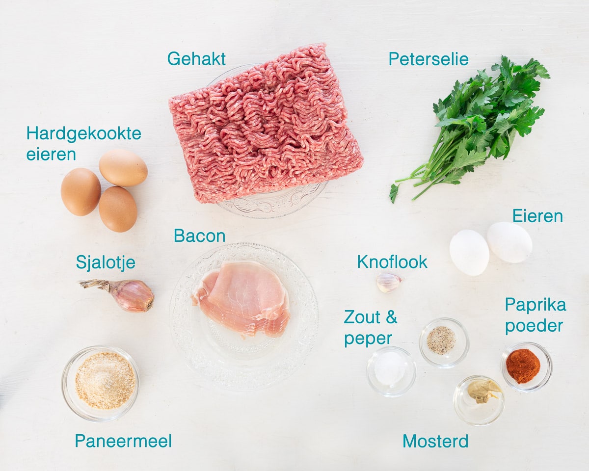 Ingrediënten Duits Gehaktbrood - Falscher Hase, individueel gelabeld op een witte ondergrond