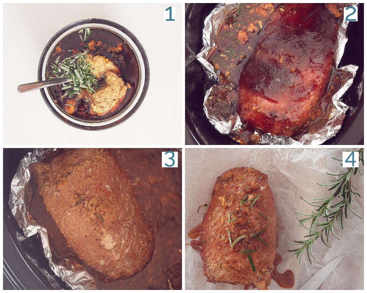 4 collage foto bereiding Beenham uit de Slowcooker met Maple Glaze