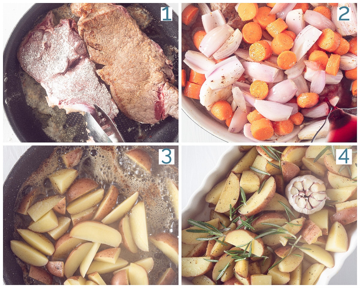 4 collage foto bereiding Entrecote met Rode Wijn uit de oven