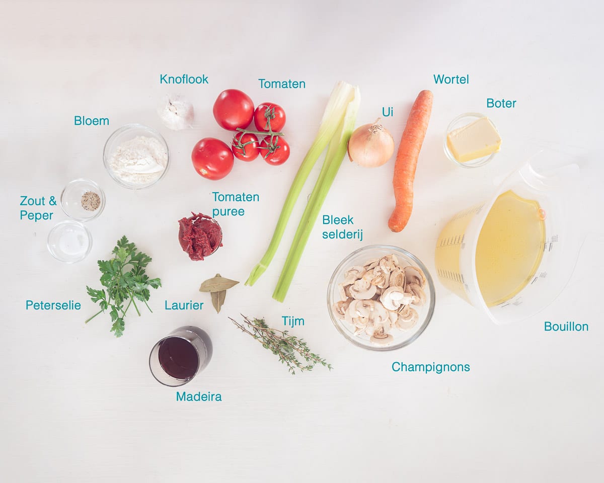 Ingrediënten Madeira saus, individueel gelabeld