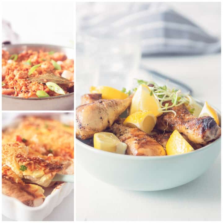 Een vierkante foto collage met drie kip recepten: drumsticks, enchilada's en jambalaya.