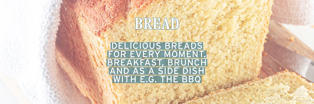 Part of a corn bread. A text overlay delicious breads for every moment. Breakfast, brunch and as a side dish with eg. a BBQ