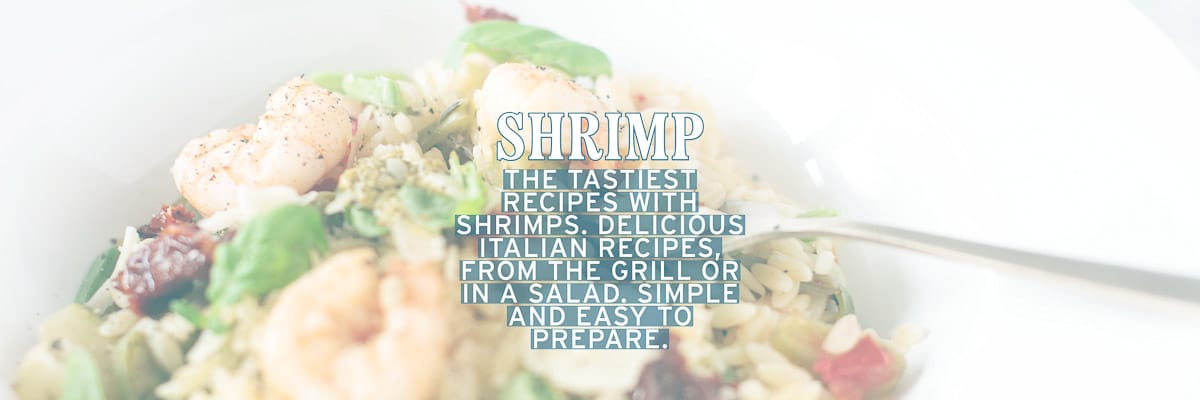 A white plate with orzo and shrimp. A text overlay: shrimp, the tastiest recipes with shrimps. Delicious Italian recipes from the grill or in a salad. Simple and easy to prepare.
